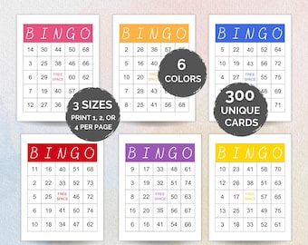 300 cartones de bingo únicos, juego de bingo colorido, imprime 1, 2 o 4 por página, bingo para el aula, bingo para niños, divertido juego de fiesta, juego de bingo imprimible