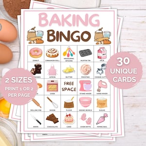 Könnte beinhalten: Ein rosa-weißes Back-Bingo-Spiel mit Illustrationen von Backutensilien und Leckereien, darunter ein Nudelholz, ein Schneebesen und ein Kuchen. Das Spiel hat 30 einzigartige Karten und bietet zwei Größenoptionen.
