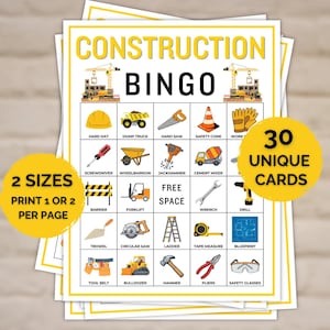 May include: A construction-themed bingo game card featuring the text CONSTRUCTION BINGO at the top. The grid contains illustrations of tools and equipment like a hard hat, dump truck, saw, safety cone, forklift, and hammer, with 30 unique cards.