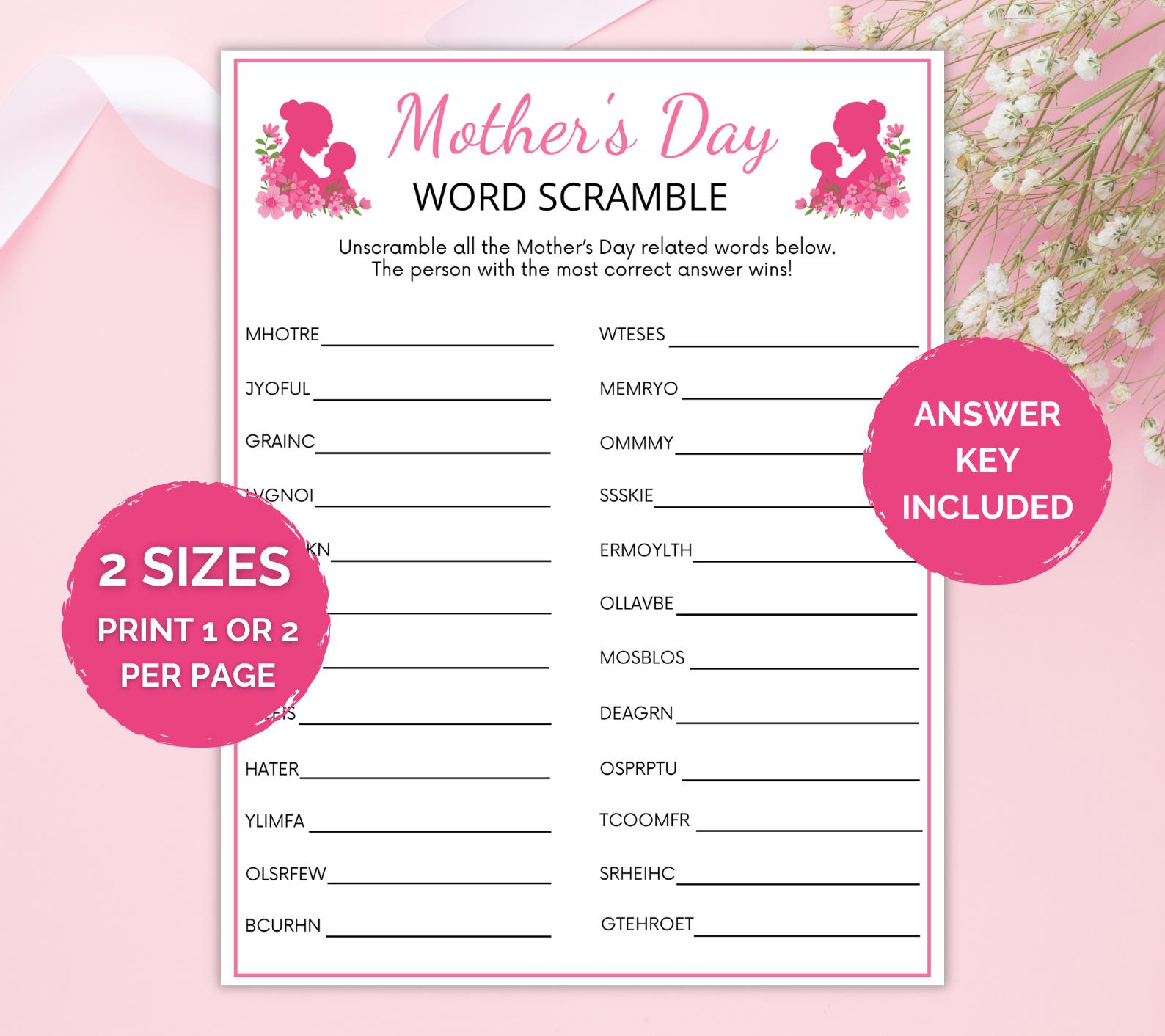 Mother’s Day Word Scramble Game Printable, Mothers Day Party Game ...