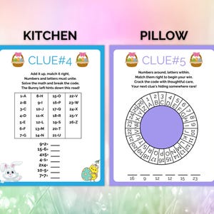May include: Two Easter-themed printable clue cards with a blue and purple background. The first card has the word "Kitchen" and "Clue #4" in a pink banner. The second card has the word "Pillow" and "Clue #5" in a pink banner. Both cards have a basket of Easter eggs with a pink bow. The first card has a table with numbers and letters. The second card has a circle with numbers and letters around the outside.