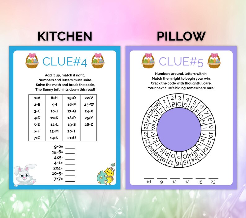 May include: Two Easter-themed printable clue cards with a blue and purple background. The first card has the word "Kitchen" and "Clue #4" in a pink banner. The second card has the word "Pillow" and "Clue #5" in a pink banner. Both cards have a basket of Easter eggs with a pink bow. The first card has a table with numbers and letters. The second card has a circle with numbers and letters around the outside.
