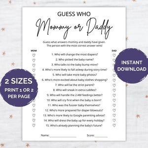 Juego de adivinanzas de mamá o papá, juego para baby shower, juego de mamá o papá, trivia de quién lo dijo, juego minimalista para baby shower, diversión para baby shower