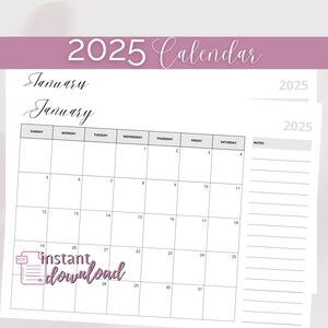 Calendario 2025, Calendario mensual (inicio domingo y lunes), Calendario de pared tamaño A4 y carta, PDF imprimible, Calendario mensual horizontal 2025