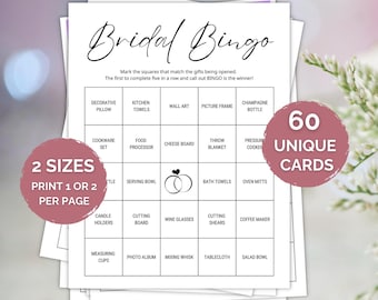 60 Bridal Shower Bingo Cards, Bridal Gift Bingo Cards, Bridal Shower Activity, Wedding Bingo Printable, Prefilled Bridal Shower Bingo Cards