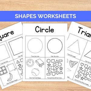 May include: Three white educational worksheets titled SHAPES WORKSHEETS featuring black line drawings. The pages include sections for tracing, coloring, and identifying squares, circles, and triangles with various objects like clocks, books, and fruit.