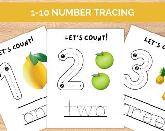 Tracciamento dei numeri da 1 a 10, conteggio dei numeri, apprendimento dei numeri, esercizi di scrittura a mano, tracciamento per la scuola materna, materiale stampabile per la scuola materna, foglio di lavoro per l'asilo