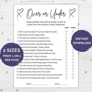 Puede incluir: Un juego imprimible para baby shower con el título "Over or Under" en una fuente manuscrita. El juego incluye 16 afirmaciones sobre el embarazo y el cuidado del bebé. El juego está disponible en dos tamaños y es una descarga instantánea.