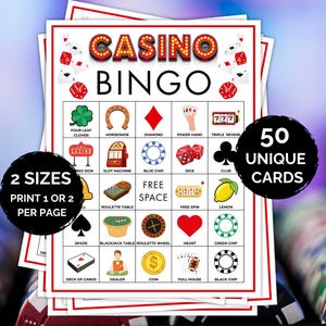 Peut inclure: Une carte de jeu Casino Bingo avec une grille d'icônes incluant un trèfle, un fer à cheval, un diamant, une main de poker, une machine à sous, des dés, un trèfle, un citron, un pique, une roulette, un cœur et une pièce. Texte : Casino Bingo, 2 Sizes Print 1 or 2 Per Page, 50 Unique Cards.