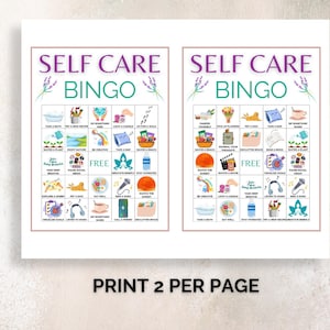 Puede incluir: Dos hojas imprimibles de "Self Care Bingo" con acentos lavanda y verde azulado. Cada tarjeta de bingo presenta actividades de autocuidado ilustradas como "Tomar un ba&ntilde;o", "Leer un libro" y "Ver la puesta de sol". El texto "Print 2 per page" est&aacute; en la parte inferior.