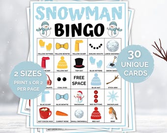 Snowman Bingo, Winter Bingo, 30 Printable Snowman Bingo Cards, Winter ...