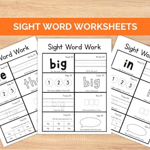 Puede incluir: Tres hojas de trabajo educativas blancas tituladas Sight Word Work, con texto negro y casillas para actividades como leer, escribir, trazar y colorear palabras como big, in y the, con una franja naranja en la parte superior Sight Word Worksheets.