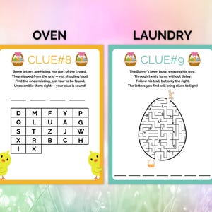 May include: Two printable Easter egg hunt clue cards with a yellow and green color scheme. The first card has the words "OVEN" and "CLUE #8" in a yellow box. The second card has the words "LAUNDRY" and "CLUE #9" in a green box. Both cards have a word search puzzle and a riddle.