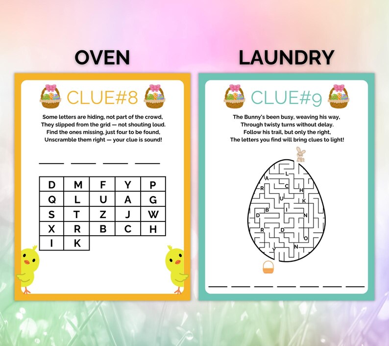 May include: Two printable Easter egg hunt clue cards with a yellow and green color scheme. The first card has the words "OVEN" and "CLUE #8" in a yellow box. The second card has the words "LAUNDRY" and "CLUE #9" in a green box. Both cards have a word search puzzle and a riddle.