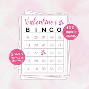 Bingo de San Valentín, Actividad de San Valentín, 100 cartones de bingo de San Valentín, Bingo de números de San Valentín, Juego de fiesta de San Valentín