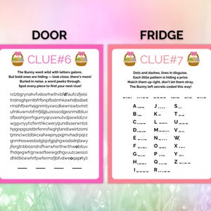 May include: Two pink and white cards with a pink and white Easter basket design. The first card has the title "DOOR" and the text "CLUE #6" with a word search puzzle. The second card has the title "FRIDGE" and the text "CLUE #7" with a code-breaking puzzle.