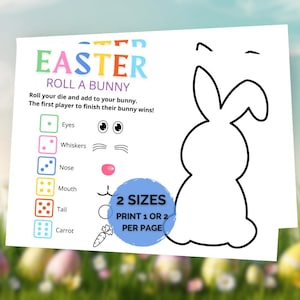 Puede incluir: Una hoja de juego blanca con temática de Pascua con el texto "EASTER ROLL A BUNNY". El juego incluye instrucciones, iconos de dados y características de conejito como ojos, bigotes, nariz, boca, cola y zanahoria. Un gran contorno de conejito está a la derecha.