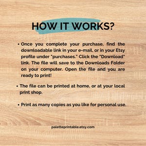 May include: An instructional graphic with the heading HOW IT WORKS? in black text over a teal brush stroke. It explains the digital download process, including finding the link in email or Etsy purchases, saving to a computer, and printing options.