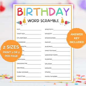 Op de afbeelding: Een wit verjaardag-woordzoekspel met een kleurrijke titel, feestmuts-afbeeldingen en twee oranje cirkels met de tekst 2 SIZES PRINT 1 OR 2 PER PAGE en ANSWER KEY INCLUDED. Het blad bevat een lijst met door elkaar gehusselde woorden en lijnen.