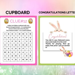 May include: A pink and green printable Easter egg hunt game with a grid of letters and a congratulations message. The game includes a clue to find the hidden letter "M" and a message congratulating the player for completing the hunt.