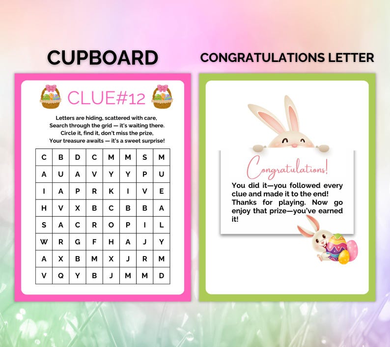 May include: A pink and green printable Easter egg hunt game with a grid of letters and a congratulations message. The game includes a clue to find the hidden letter "M" and a message congratulating the player for completing the hunt.