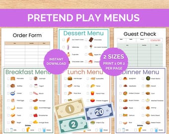 Menù di un ristorante finto stampabile, menù di cibo per bambini, soldi finti e moduli d'ordine, menù finto e divertente, gioco di ristorante drammatico