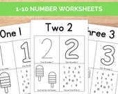 1-10 Number Tracing Worksheets, Preschool Counting Activity, Number Writing Practice, Printable Learning Numbers, Kindergarten Worksheets