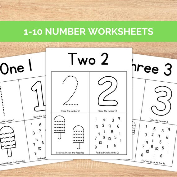 1-10 Number Tracing Worksheets, Preschool Counting Activity, Number Writing Practice, Printable Learning Numbers, Kindergarten Worksheets