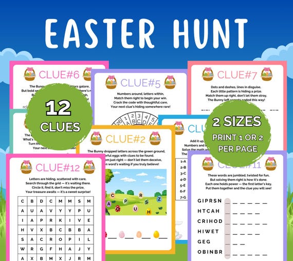 Easter Scavenger Hunt, Indoor Easter Treasure Hunt, Printable Easter Egg Hunt, Easter Game for older Kids, Kids Easter Escape Room Puzzles