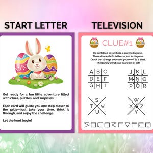 May include: A colorful Easter-themed game card with a cartoon bunny holding an Easter egg. The card has the text "Start Letter" and instructions for a fun adventure filled with clues, puzzles, and surprises.