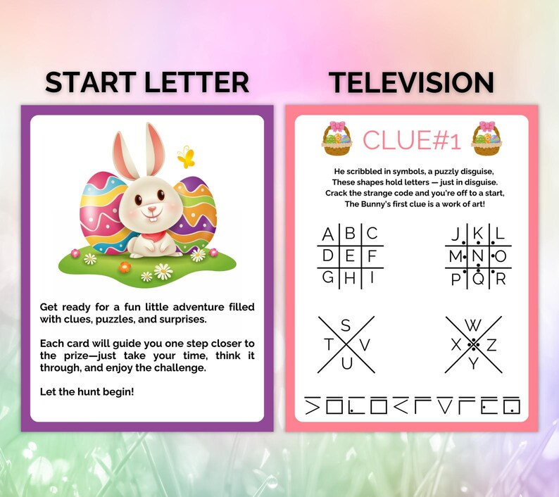 May include: A colorful Easter-themed game card with a cartoon bunny holding an Easter egg. The card has the text "Start Letter" and instructions for a fun adventure filled with clues, puzzles, and surprises.