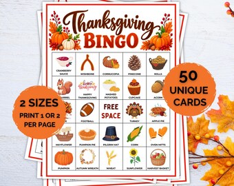 Puede incluir: Una tarjeta de juego de bingo de Acción de Gracias con una cuadrícula de ilustraciones estacionales que incluyen un pavo, pastel de calabaza y cornucopia. El texto dice Thanksgiving Bingo, 2 Sizes Print 1 or 2 Per Page, 50 Unique Cards.