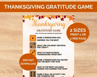 Gratitude Dice Game For Kids Adults, Thanksgiving Gratitude Game, Thankful Kids Thanksgiving Activity, Thanksgiving Party Family Dinner Game