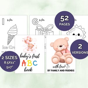 Op de afbeelding: Een verzameling baby ABC-boeken met illustraties. De boeken bevatten een teddybeer, ijs en een geschenkdoos. De tekst bevat "baby's first ABC book", "52 pagina's" en "2 formaten: 21,6x28cm en 12,7x17,8cm".