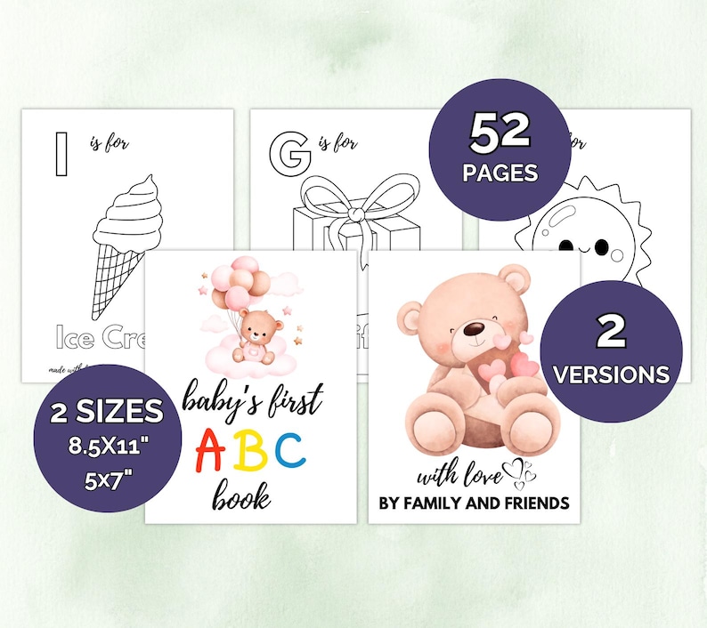 Op de afbeelding: Een verzameling baby ABC-boeken met illustraties. De boeken bevatten een teddybeer, ijs en een geschenkdoos. De tekst bevat "baby's first ABC book", "52 pagina's" en "2 formaten: 21,6x28cm en 12,7x17,8cm".