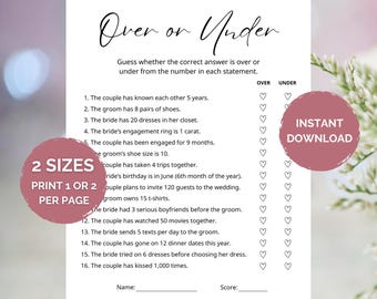 Over or Under Bridal Shower Game, Wedding Shower Printable Activity, Funny Guessing Game for Guests, Bridal Shower Game, Bridal Party Game