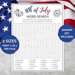 May include: A printable 4th of July word search puzzle with a patriotic theme. The design includes fireworks and an American flag in the background. Includes an answer key and can be printed in two sizes.