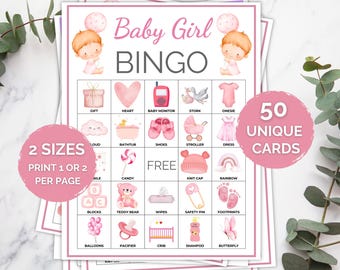 50 Baby Girl Bingo Cards, Baby Girl Shower Bingo, Baby Shower Bingo, Printable Baby Bingo, Baby Shower Activity, Baby Girl Bingo Game