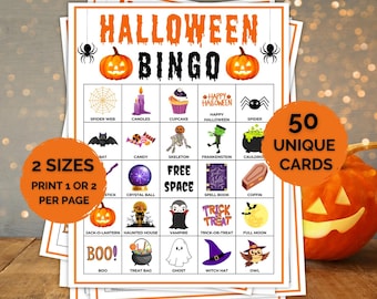 Könnte beinhalten: Eine Halloween-Bingo-Spielkarte mit orangefarbenem und schwarzem Text, zwei Kürbissen und zwei Spinnen. Das Raster enthält fünfundzwanzig Felder mit Illustrationen von Feiertagssymbolen wie einem Skelett, Geist und Hexenhut sowie dem Text 50 UNIQUE CARDS und 2 SIZES.