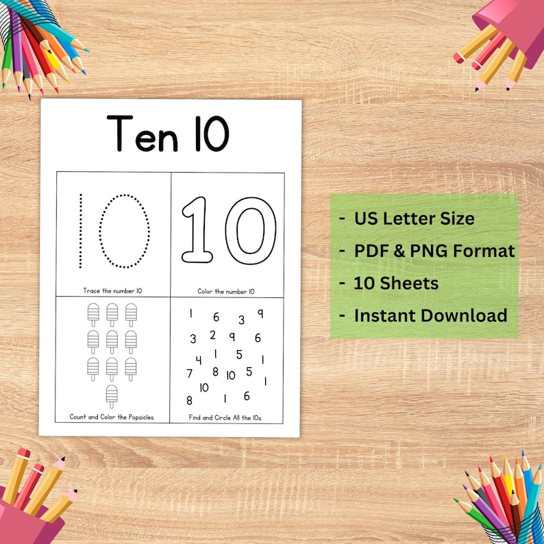 Pu&ograve; includere: Un foglio di lavoro bianco con il numero 10 in stampa grande, con attivit&agrave; di tracciamento, colorazione e conteggio. Il foglio di lavoro include il testo "Ten 10" e "Count and Color the Popsicles". Un rettangolo verde elenca "US Letter Size" e "Instant Download".