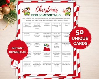 50 Christmas Find Someone Who Bingo Cards, Christmas Find Someone Who, Xmas Party Game, Christmas Classroom Activity, Family Christmas Bingo