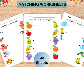 20 Printable Matching Worksheets, Match the Picture, Kindergarten Preschool Activity, Busybook, Educational Pages, Homeschool Activity