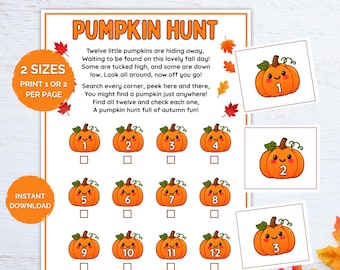 May include: A Pumpkin Hunt activity sheet featuring the title PUMPKIN HUNT, a rhyming poem, and twelve numbered orange pumpkin illustrations with checkboxes. Includes two orange circular badges stating 2 SIZES PRINT 1 OR 2 PER PAGE and INSTANT DOWNLOAD.