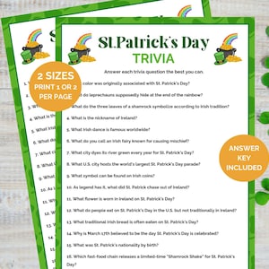 May include: Printable St. Patrick's Day trivia game with 16 questions. The questions are about Irish culture, traditions, and history. The answer key is included.