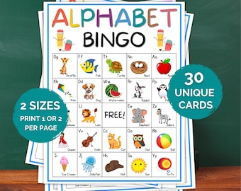 30 tarjetas de bingo con el alfabeto, bingo con el alfabeto, práctica del abecedario, bingo del abecedario, bingo para aprender el abecedario, bingo de reconocimiento de letras, bingo para aprender letras, imprimible
