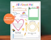 All About Me Worksheet Printable, Back to School Activity, First Day of School Sheet, Preschool Pre-K Kindergarten, Kids Get to Know Me Page