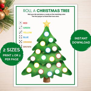 クリスマスツリー転がしゲーム、クリスマスパーティーゲーム、家族で楽しめるクリスマスアクティビティ、子供と大人向けのクリスマスゲーム、サイコロゲーム、クリスマスの印刷物