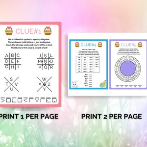 May include: A printable Easter egg hunt clue sheet with a colorful bunny and egg design. The clue is a code-breaking puzzle with a grid of letters and symbols. The text reads "CLUE #1 He scribbled in symbols, a puzzly disguise. These shapes hold letters - just in disguise. Crack the strange code and you're off to a start, The Bunny's first clue is a work of art!"