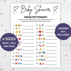 Könnte beinhalten: Ein weißes Spielblatt mit der Überschrift Baby Shower EMOJI PICTIONARY, schwarzem Text und Herzillustrationen. Das Spiel enthält vierundzwanzig nummerierte Zeilen mit Emoji-Sequenzen zum Lösen sowie zwei violette kreisförmige Überlagerungen mit weißem Text.