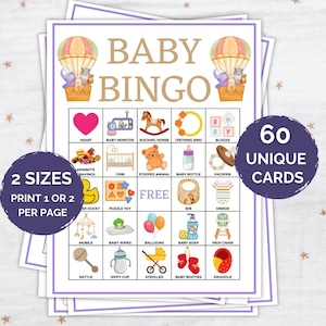 60 Baby  Bingo Cards, Baby Shower Game, Baby Bingo, Baby Shower Bingo, Printable Baby Bingo, Baby Shower, Neutral Baby Bingo for Boys Girls